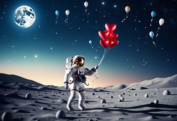 Obraz premium astronaut lunar surface holding balloons celestial skies love exploration theme high resolution high details vibrant