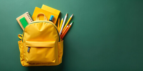 Welcome back to school. A new yellow school bag on isolated dark green background, back to school concept