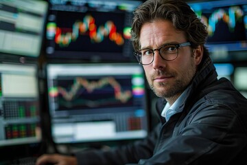 Fototapeta premium Beautiful young male stock market broker analyzing graphs on multiple computer screens in a modern office setting.