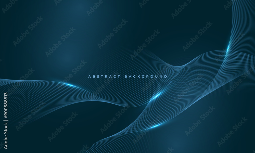 Aufkleber Glowing blue wavy lines on abstract technology dark blue background. Digital hi-tech vector illustration with particle striped wave lines