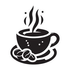 Black silhouette Coffee with steaming cup, coffee beans, and wheat elements