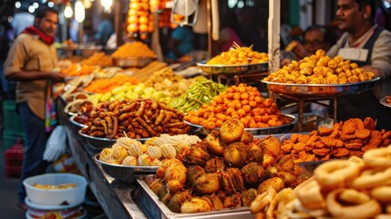 Obraz premium A vibrant Indian street food market with a variety of snacks and sweets
