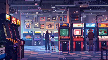Retro gaming scene featuring colorful pixel art characters in a vibrant and dynamic setting.