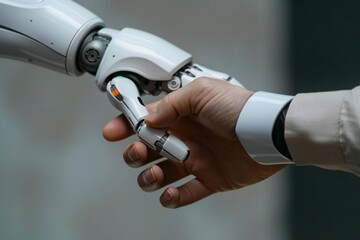 Robot and man's hands meeting in a beautiful display of collaboration against a gray background.