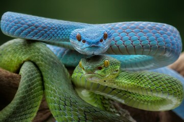 Blue insularis and Trimeresurus albolabris closeup on branch, Indonesian viper snake closeup