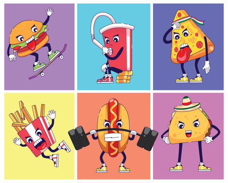Fast food characters mascot and emotes vector bundle