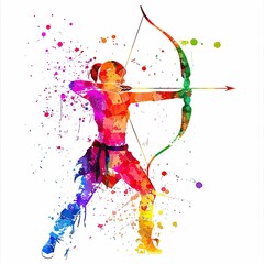 Fototapeta premium A vibrant watercolor illustration shows a female archer drawing a bow, with colorful splashes on a white background, adding motion and energy.