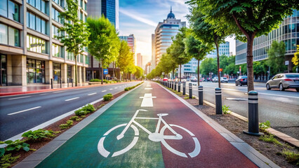City street featuring a dedicated bicycle lane and a direction arrow, promoting eco-friendly transportation and modern urban planning, emphasizing sustainable mobility and efficient city