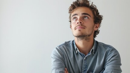 Obraz premium A man with a thoughtful expression, standing with his arms crossed against a white background, embodying contemplation