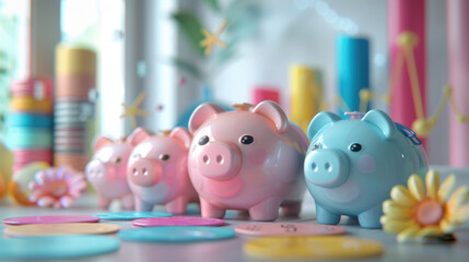 Obraz premium 3D pastel cartoon of investment leading to wealth creation, primary colored piggy banks, detailed financial charts, vibrant scene