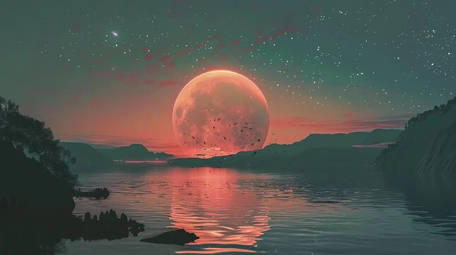 Glowing full moon casting its light over a tranquil lake in a magical fantasy night setting, creating an ethereal and captivating sc Seamless looping 4k time-lapse virtual video animation Generated AI