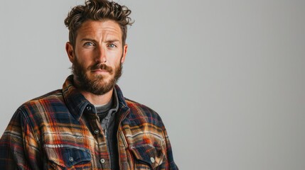 Fototapeta premium A man with a beard and a plaid shirt, standing confidently against a white background, embodying rugged style