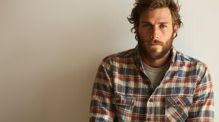 Fototapeta premium A man with a beard and a plaid shirt, standing confidently against a white background, embodying rugged style