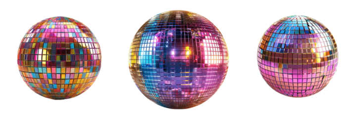 Three shimmering disco balls reflecting vibrant colors, perfect for dance parties and festive celebrations.