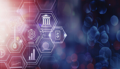 Fototapeta premium Cutting-edge fintech interface for inward remittance with hexagonal icons, blue-purple gradient