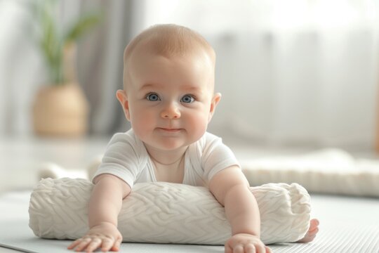 Cute baby doing gentle yoga stretches on a soft mat, calm and peaceful scene, Baby Exercise, concept of relaxation and flexibility