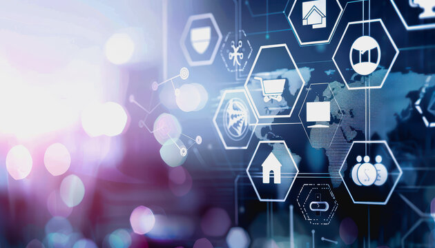 Cutting-edge fintech interface for inward remittance with hexagonal icons, blue-purple gradient