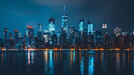 Fototapeta premium Urban night lights reflections. A breathtaking vista of a metropolis bathed in the glow of nighttime illumination, its towering structures mirrored in the tranquil waters below.