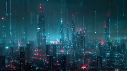 Fototapeta premium Futuristic cityscape lights. Glowing streaks of data illuminate a dark, futuristic urban landscape, showcasing modern buildings and advanced technology.