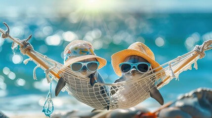 Two cute little baby dolphins wearing sunglasses and sun hats lounging in a hammock. AI generated illustration
