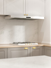 Modern Minimalist Kitchen with Marble Countertop, Focus to an electrical appliance on counter,  Concept for product presentation display. 3D illustration