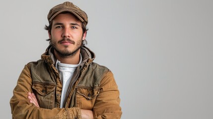 A man in a rugged outdoor outfit, standing confidently against a white background, perfect for an adventurous theme