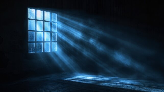 Moonlight streaming through window. Intense beams of moonlight illuminate a darkened room, casting an ethereal glow on the dusty floor.