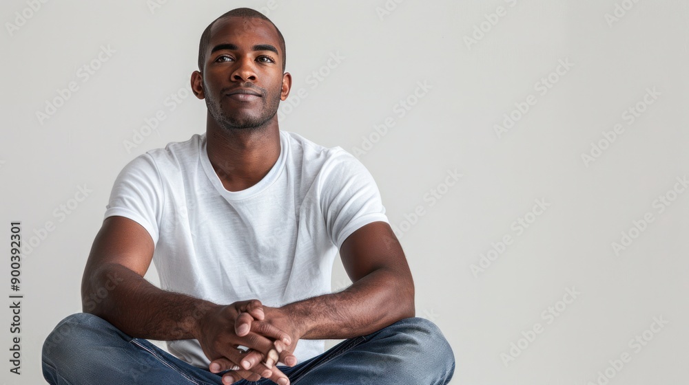 Wall mural A man in a casual t-shirt and jeans, sitting relaxed against a white background, perfect for a lifestyle shot