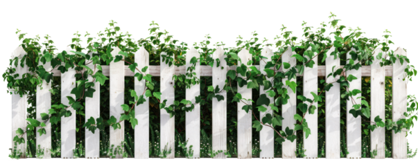A charming white fence adorned with lush green ivy, perfect for garden and outdoor themes, showcasing nature's beauty.