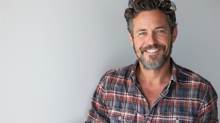 Obraz premium A man in a casual plaid shirt, smiling warmly against a white background, capturing a friendly and approachable demeanor