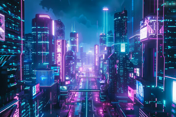 A nighttime view of a futuristic city with neon lights reflecting in a wet street