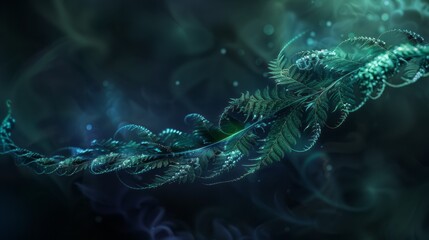 Mystical fern spirals abstract artwork. A vibrant green fern adorned with glowing particles forms an ethereal spiral against a dark, smoky background.