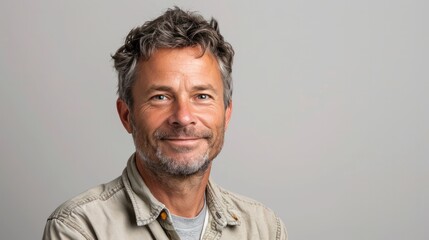 Obraz premium A man in a casual button-down shirt, smiling confidently against a white background, ideal for casual portraits