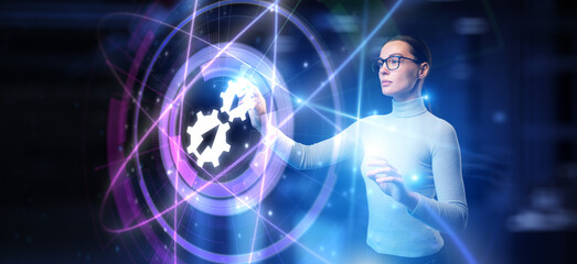 Integration business and technology concept. Woman pressing button on virtual screen.