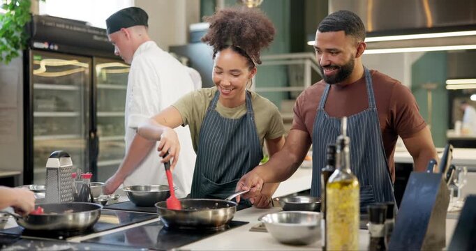 Man, woman or learning for cooking in kitchen for relationship, bonding with food and happiness. Couple, coaching or class in restaurant with teamwork or chat, strong connection and communication