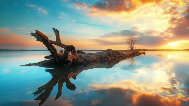 Tree trunk in water, sunset, backwater, Usedom, Mecklenburg-Western Pomerania, Germany, Europe