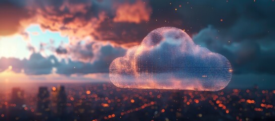 Digital Cloud with Holographic Standard Scale Over a Cityscape During Dramatic Sunset for Technology and Future Innovation Design