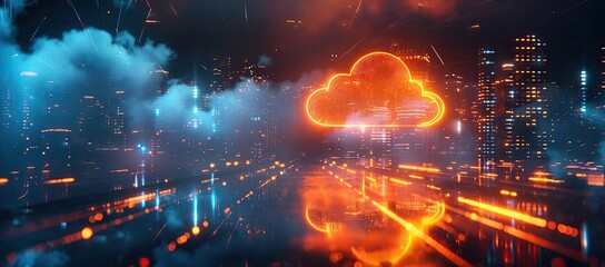 Digital Cloud Icon with Glowing Lights Over Cityscape, Futuristic Technology and Data Concept