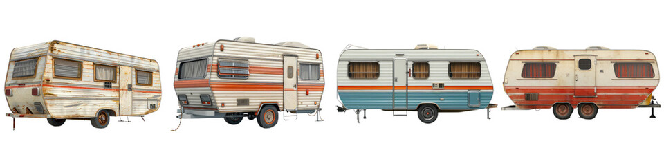 A collection of vintage campers showcasing unique designs and colors, perfect for travel enthusiasts and retro aesthetics.