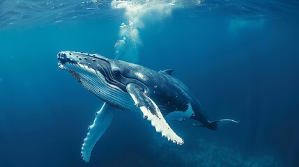 Fototapeta premium Humpback whale playfully swimming in clear blue ocean while blowing bubblesHumpback whale playfully swimming in clear blue ocean 