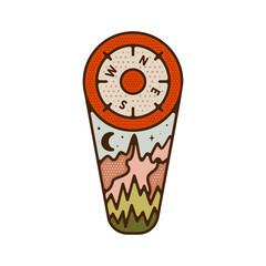 Outdoor adventure badge in form of compass. Camping adventure label in retro style. Mountain logo graphics for t-shirt. Stock vector artwork.