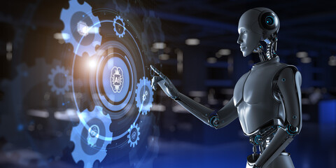 Fototapeta premium Ai Artificial intelligence concept neural network. Robot pressing button on screen 3d render.