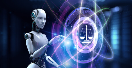 Fototapeta premium Law Lawyer jurisprudence concept. Robot pressing button on screen 3d render.