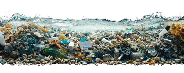 A disturbing view of aquatic pollution showcasing plastic waste and debris submerged in water, highlighting environmental issues.