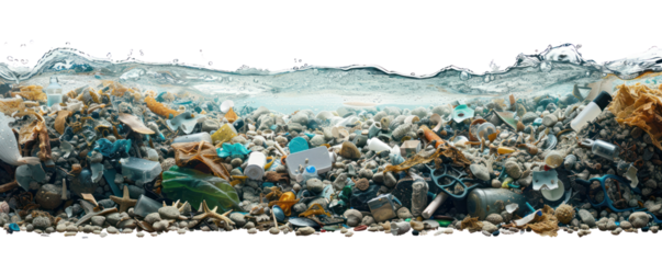 A disturbing view of aquatic pollution showcasing plastic waste and debris submerged in water, highlighting environmental issues.