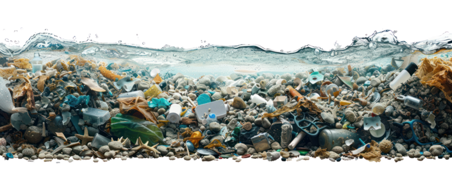 A disturbing view of aquatic pollution showcasing plastic waste and debris submerged in water, highlighting environmental issues.