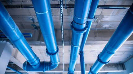 blue pipes and rubber tubes on ceiling of industrial building, high resolution photography for commercial facility management, professional color grading, soft shadows