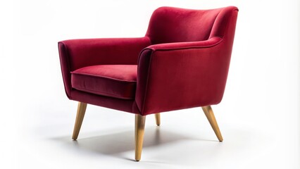 Obraz premium Single, sleek, modern armchair with curved wooden legs and soft, crimson velvet upholstery, perfectly lit on a pure white background.