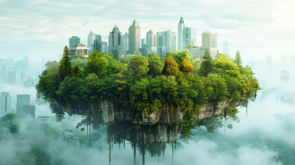 Fototapeta premium A floating island skyline of a modern city surrounded by waterfalls and tropical forests above a city of mist and clouds below. A city of the future with good technology and environmental quality
