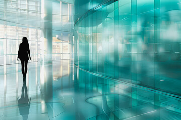 Futuristic office hallway with glass walls, reflective floor, walking silhouette, soft lighting, minimalistic